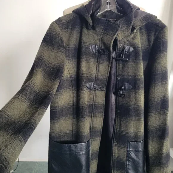 LAST CALL -Weatherproof Green Plaid Vegan Leather Mid Length Coat (Size: L) - Picture 7 of 16